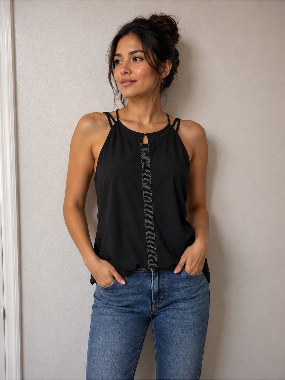 White House Black Market Black Sleeveless Top XL Ladder Stitch Keyhole Back